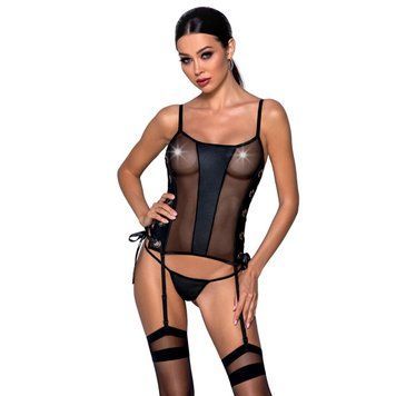 Сетчатый корсет с люверсами и съемными пажами Passion MALWIA CORSET L/XL, black, эко-кожа, стринги, Черный