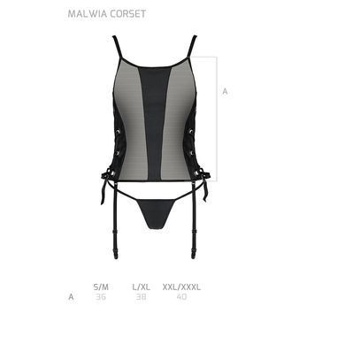 Сетчатый корсет с люверсами и съемными пажами Passion MALWIA CORSET L/XL, black, эко-кожа, стринги, Черный