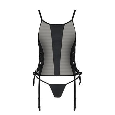 Сетчатый корсет с люверсами и съемными пажами Passion MALWIA CORSET L/XL, black, эко-кожа, стринги, Черный