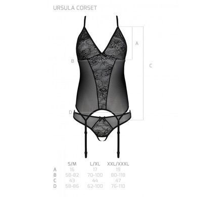 Корсет с пажами, трусики с ажурным декором и открытым шагом Passion URSULA CORSET S/M, black, Черный
