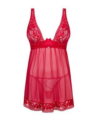 Прозрачная сорочка бэби-долл Obsessive Lacelove babydoll & thong XS/S Red, кружево, стринги