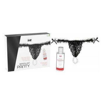 Набор Intt BRAZILIAN PANTY BLACK: трусики на резинке S-XL с жемчужным кольцом + клубничная смазка