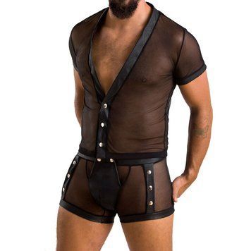 Комплект сетчатого мужского белья Passion 052 SET MICHAEL XXL/XXXL black, рубашка, боксеры, заклепки