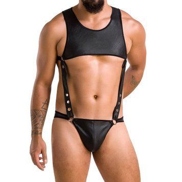 Мужское кожаное боди Passion 056 ADAM S/M Black, заклепки