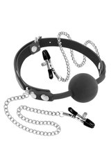 Кляп с силиконовым шариком и зажимами для сосков Fetish Tentation Gag Ball with Nipple Clamps