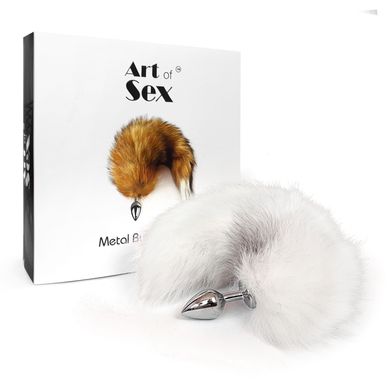 Металлическая анальная пробка с хвостом из натурального меха Art of Sex size M White fox